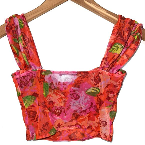 Zara Floral Pink Mesh Bustier Corset Ruched Crop Top Size Small - Picture 8 of 10